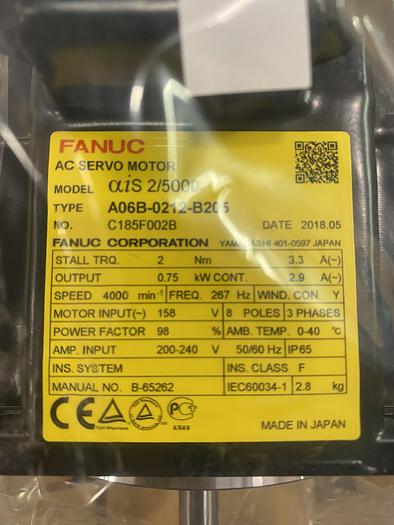 FANUC A06B-0212-B205 AC SERVO A2/5000 iS MTR W/O BRK STR
