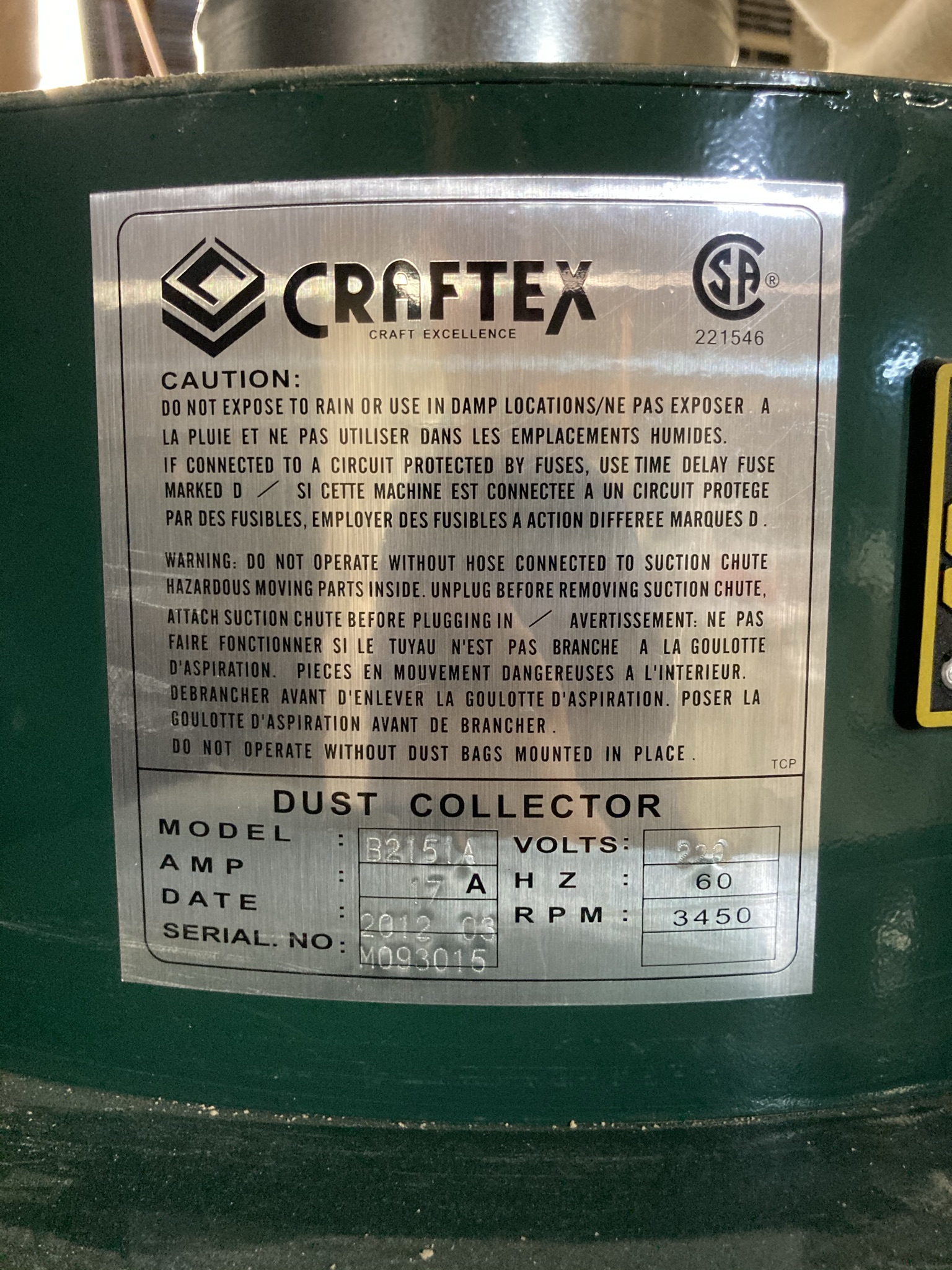 Used 2011 Craftex B2151A Dust Collector