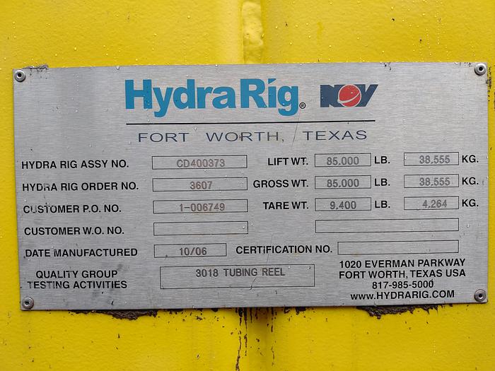 Used CT Reel w/Stand, 144" OD x 84" Drum, Hydra-Rig