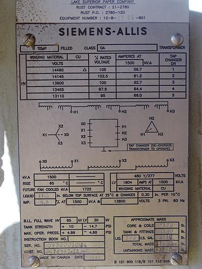 Used 1,500 KVA 13,000V SIEMENS-ALLIS SUBSTATION 480Y/277 VOLTS CU WINDING