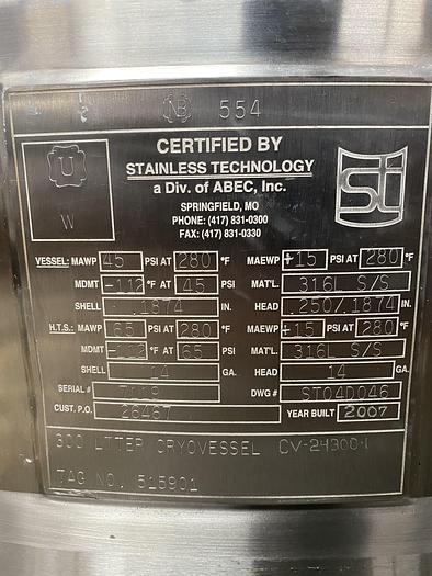 Used ABEC Stainless Technology CV-24300-1 300 Liter Jacketed Cryo Vessel -112° F to 280° F