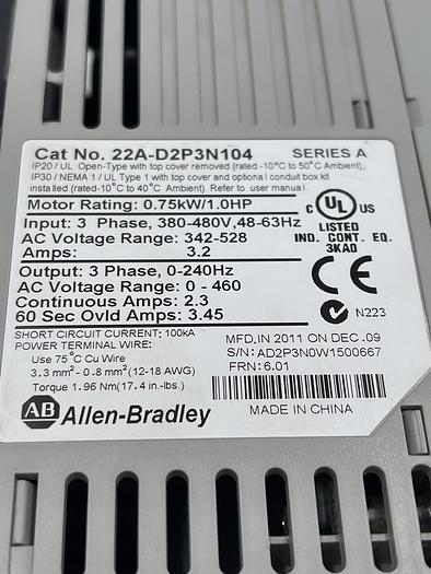 Used Allen-Bradley 22A-D2P3N104 Ser A 