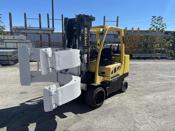 Used 10,000 POUND HYSTER MODEL S100FTBCS FORKLIFT WITH 64" DIAMETER CASCADE CLAMP - PENDING