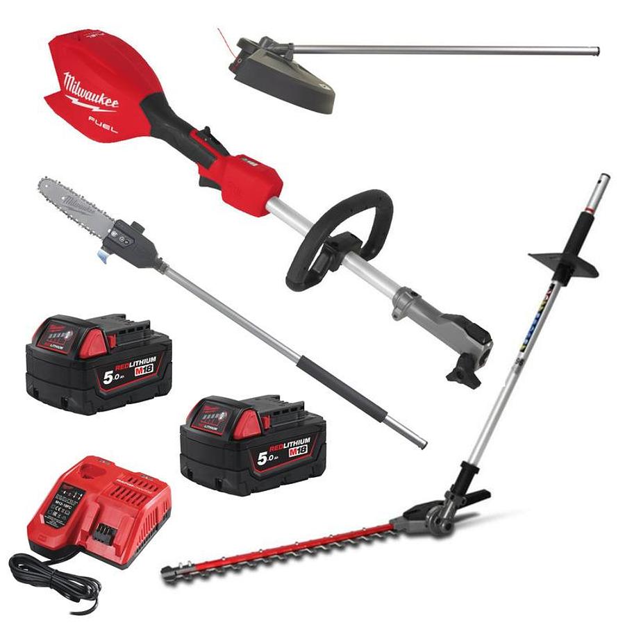 Milwaukee M18FOPH2 Fuel Outdoor Power Head Kit With Attachments & 2 x 5.0ah Batteries & Charger