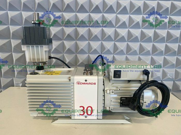 Used Edwards E2M30 Rotary Vacuum Pump 23 CFM w/ EMF20 Oil Mist Filer & 1.2 HP Motor