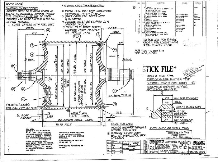 Used Beloit  Dryers, 60" Dia X 158" Face, 75 Psi Working Pressure, Asme Coded, With Anti-Friction Bearings, Framing, Gears, Steam Joints, Felt Stretches & Guides #23014