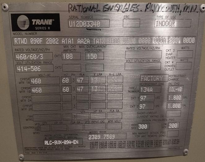Used 90 TON TRANE INDOOR CHILLER – WATER COOLED (#9812)