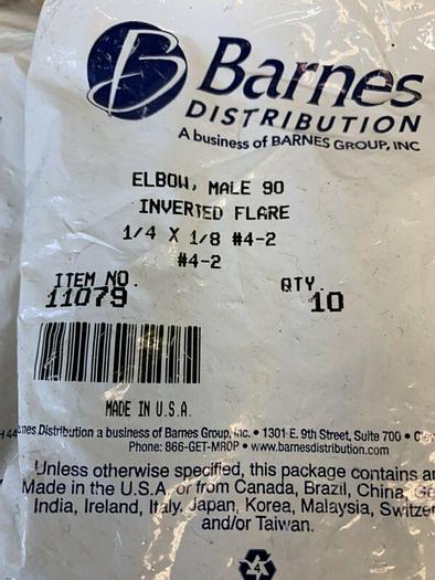 Barnes, 11079 1/4"x1/8" Male 90 Inverted Flare Elbow Brass (Bag Of 10) Lot Of 5