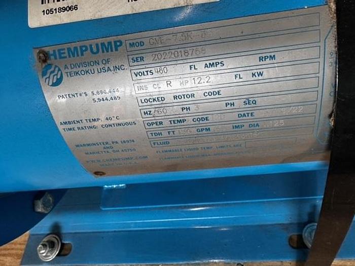 Chempump Teikoku GVE-7.5K-3S Canned Motor Pump Sealless 12.2 HP