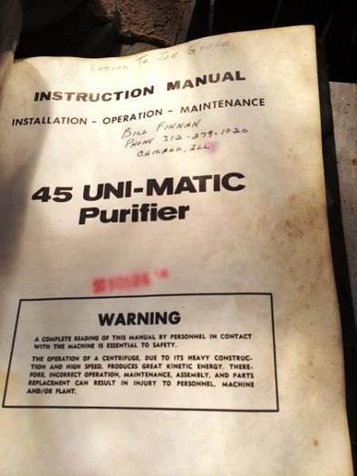 Used Delaval 45 Unimatic Purifier Centrifuge