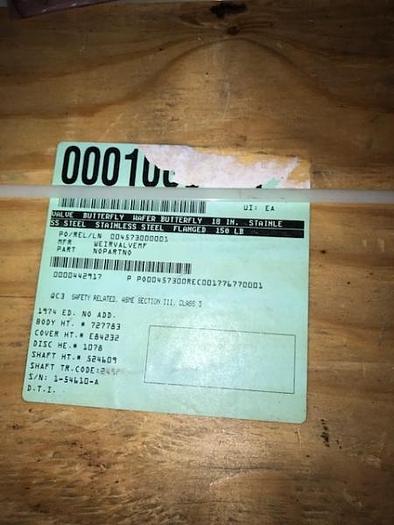 Used Tricentric 18 inch SS Butterfly Valve NEW