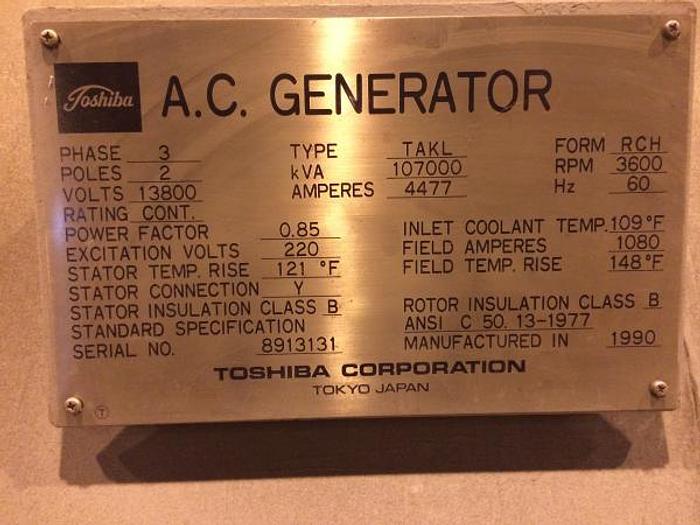Used Toshiba  Steam Generator & Turbine 107000 KVA