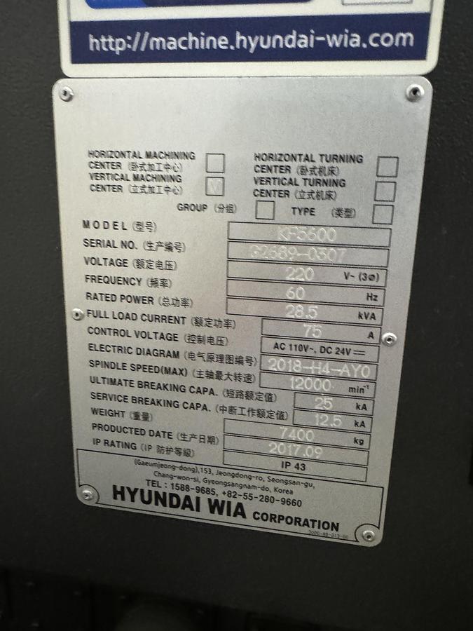 Used 2020 Hyundai Wia Mdl. KF5600II CNC Vertical Machining Center