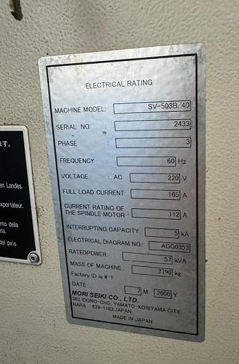 Used 2000 Mori Seiki SV 503 is a high-performance vertical machining center