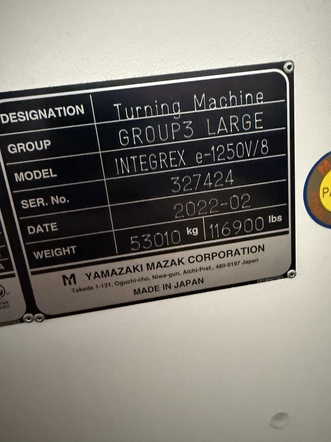 Used 2022 Mazak Mdl. INTEGREXe-1250V/8 CNC MultiAxis Machining Center