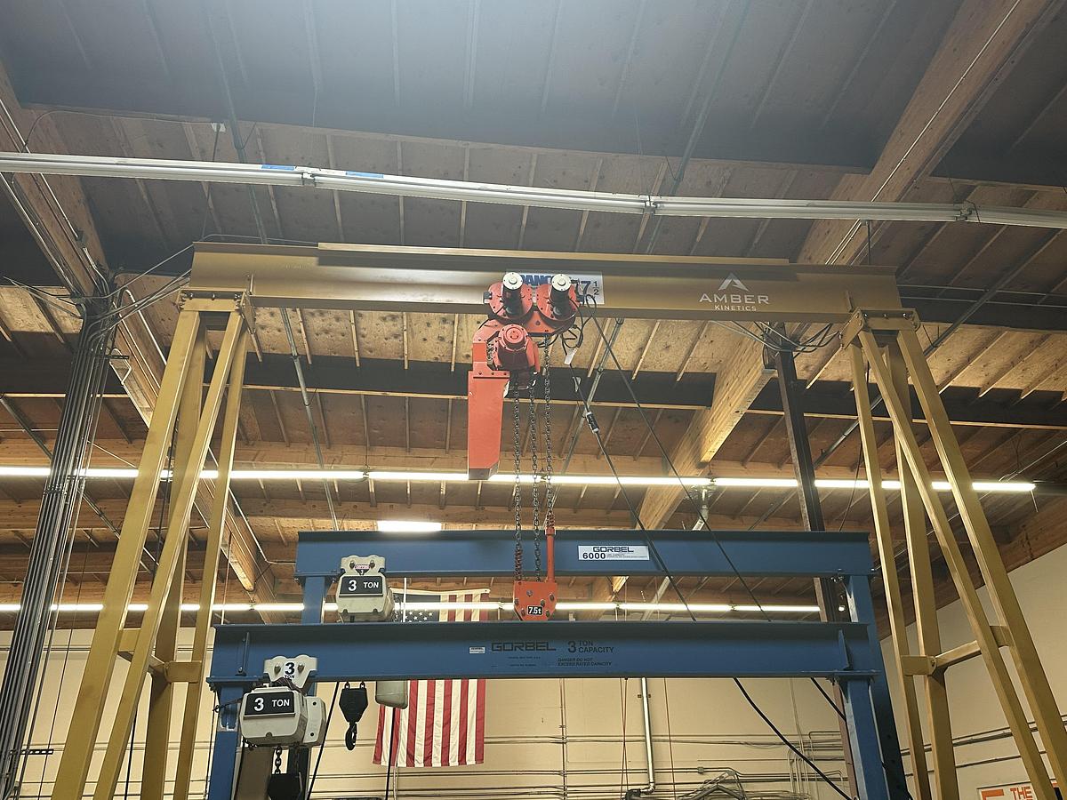 Used SPANCO GANTRY, MODEL #7PF1818 MANUAL PF SERIES GANTRY CRANE STEEL FIXED HEIGHT AND SPAN Capacity: 15000 lbs Overall Span: 18' - 0'' Clear Span: 15' - 0'' Height Under Beam: 18' - 0'' Overall Height: 19' - 6'' **(Hold)** Tread Width: ± 6' - 8'' Beam Size: S18X54.7#with cap channel Casters: 12'' Polyurethane Tread W/4 Position Swivel Locks Flange Width: 6" End of Gantry Load: 18812 lbs Load per Wheel: 9406 lbs Estimated Weight (Each): 3125 lbs Load per Wheel: 9406 lbs Coating & Painting: PAINT, SPRAY YELLOW   ELEPHANT DAM-7.5-20-3-460-60 Elephant DAM Series Electric Chain Hoist w/ Motorized Trolley Capacity: 7.5 ton metric tons (16,500 lbs.) Chain Length: 20' Pendant Length: 18' No. of Falls: 3 Lifting Speed: 7 FPM 3 Phase - 460v Only - 60Hz Lug mounted to MAS Trolley Flange Range: 5.00" ~ 7.00"" Traversing Speed: 39 FPM Includes E-Stop Pendant and Chain Container Elephant JAPAN -ASME H3 MOTOR - CORROSIVE RESISTANT LOAD CHAIN - JIS / ISO M5 - FEM 2m - IP54 HOIST PROTECTION - IP65 NEMA 4X PENDANT PROT.