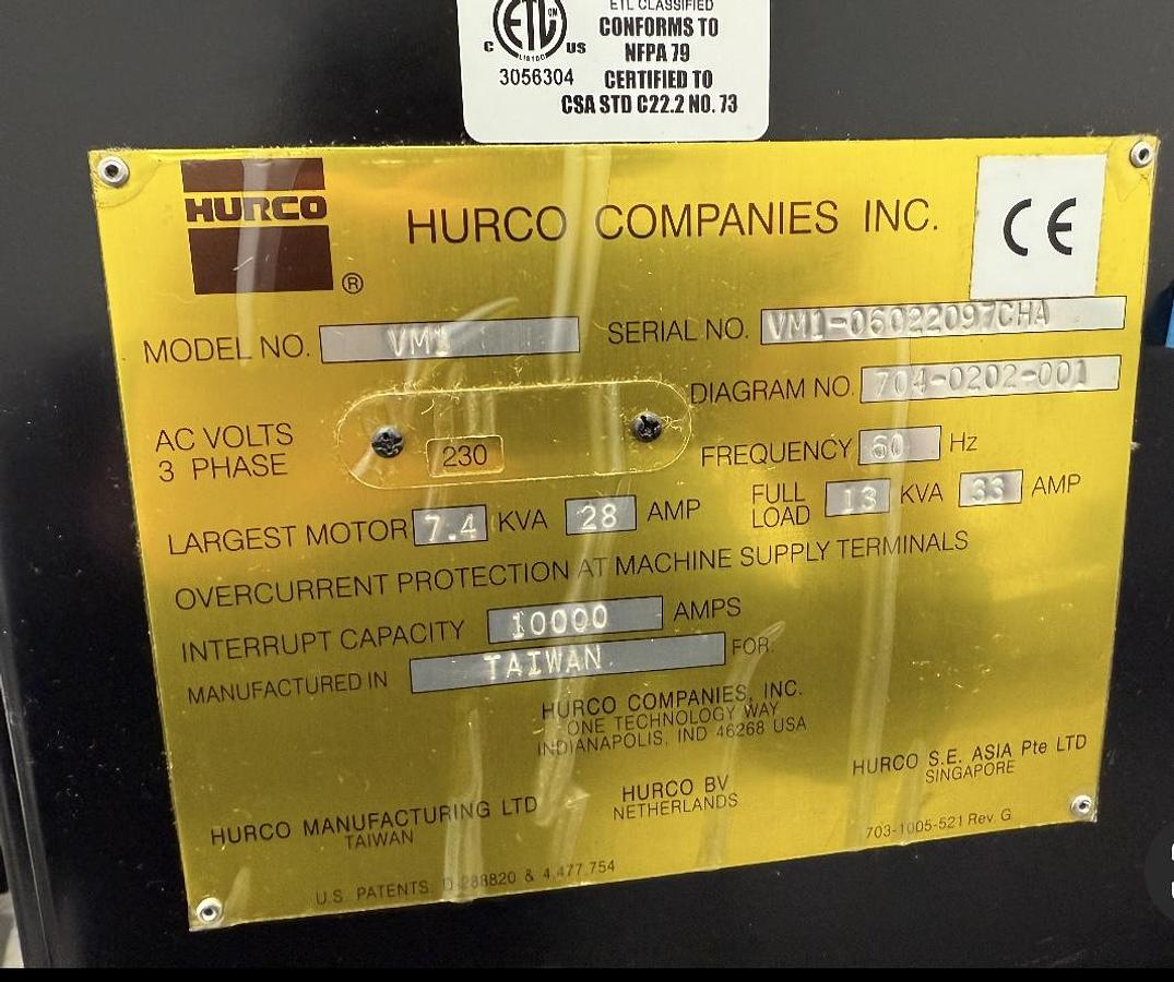 Used 2007 Hurco Mdl. VM1 4TH Axis CNC Vertical Machining Center, s/n H-V12289, MAX CNC Control, ONLY 2,000 CUTTING HOURS, Under Power, Rotary Table Included, Side Mount Tool Changer,