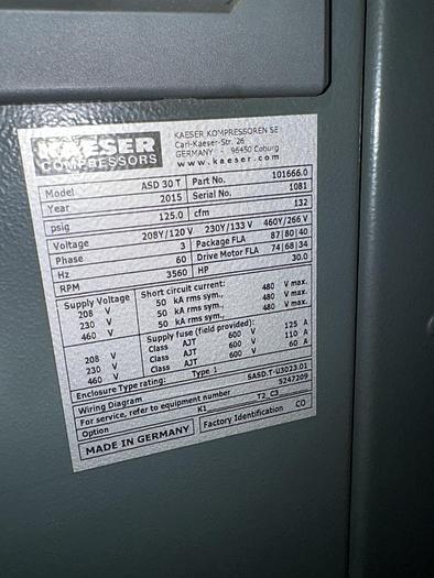 Used 2015 KAESER MDL ASD 30T ROTARY SCREW AIR COMPRESSOR W/ TANK AND DRYER