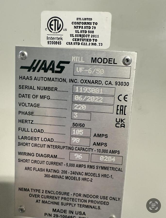 Used 2022 Haas Mdl. VF6/50 CNC Vertical Machining Center