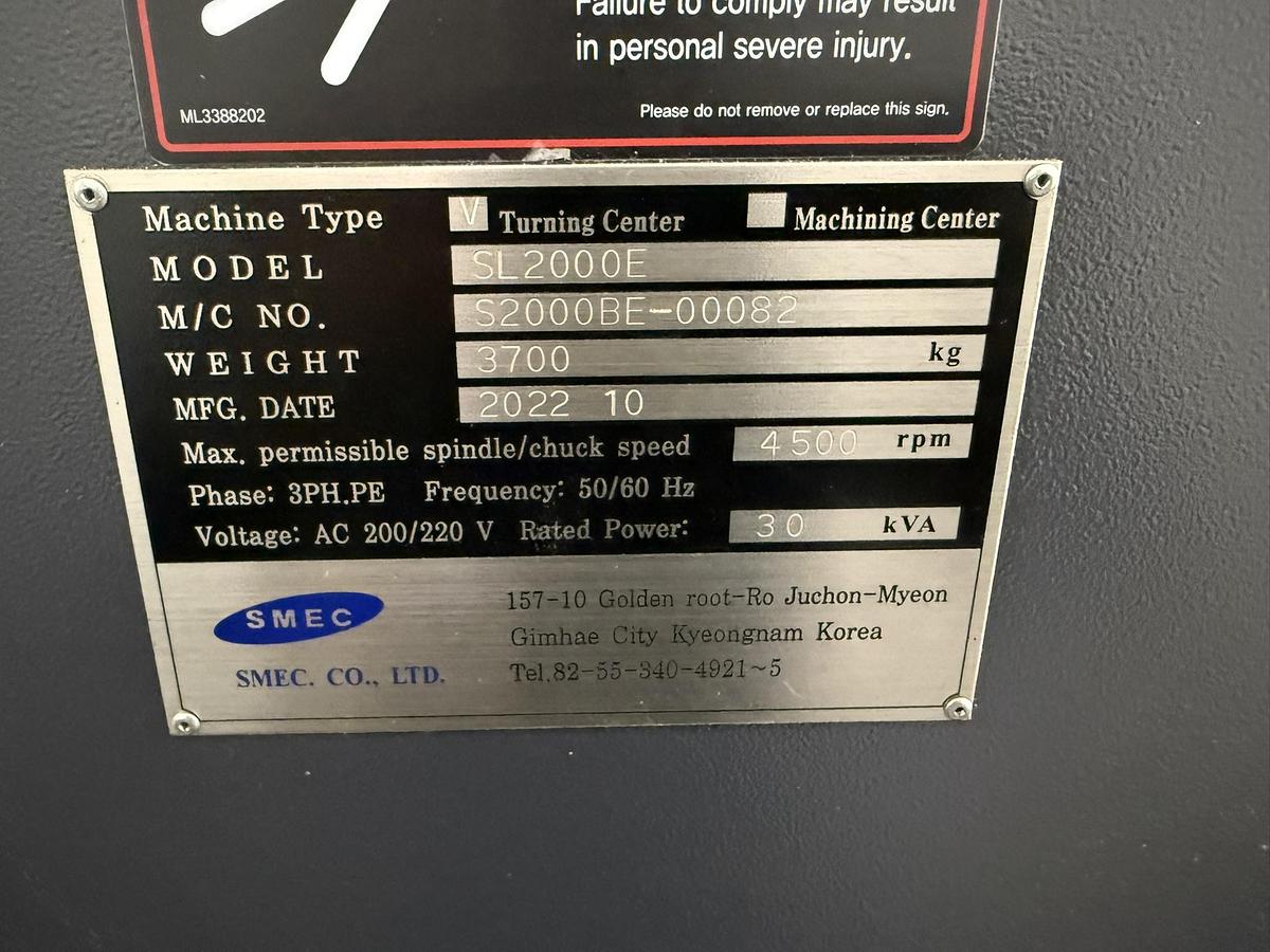 Used 2022 Samsung/SMEC Mdl SL2000E CNC Turning Center