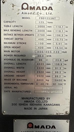 Used 2004 Amada Mdl FBD 1253 NT CNC Press Brake, 125 Ton Cap., 118.1” Table Length