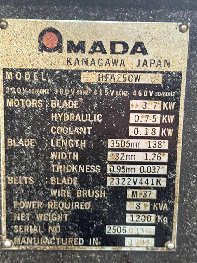 Used 1994 Amada Mdl HFA 250W Automatic Band Saw