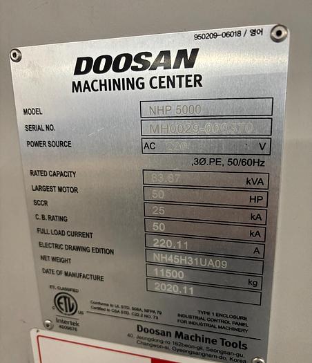 Used 2020 DOOSAN Mdl. NHP 5000 CNC Horizontal Machining Center, FANUC Series 31i-MODEL B CNC Controls