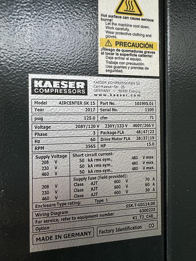 Used 2017 KAESER MDL AIRCENTER SK15 ROTARY SCREW AIR COMPRESSOR W/ INTEGRATED AIR DRYER AND TANK! HOURS 19,000  PRICE $14,500 LOCATION LODI CA