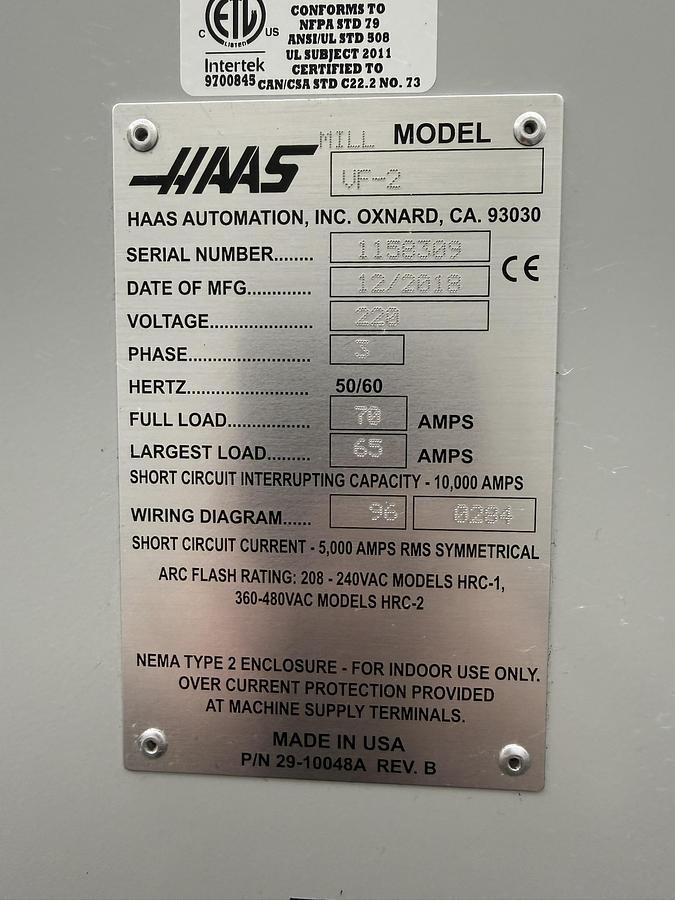 Used 2018 Haas Mdl VF-2 CNC Vertical Machining Center