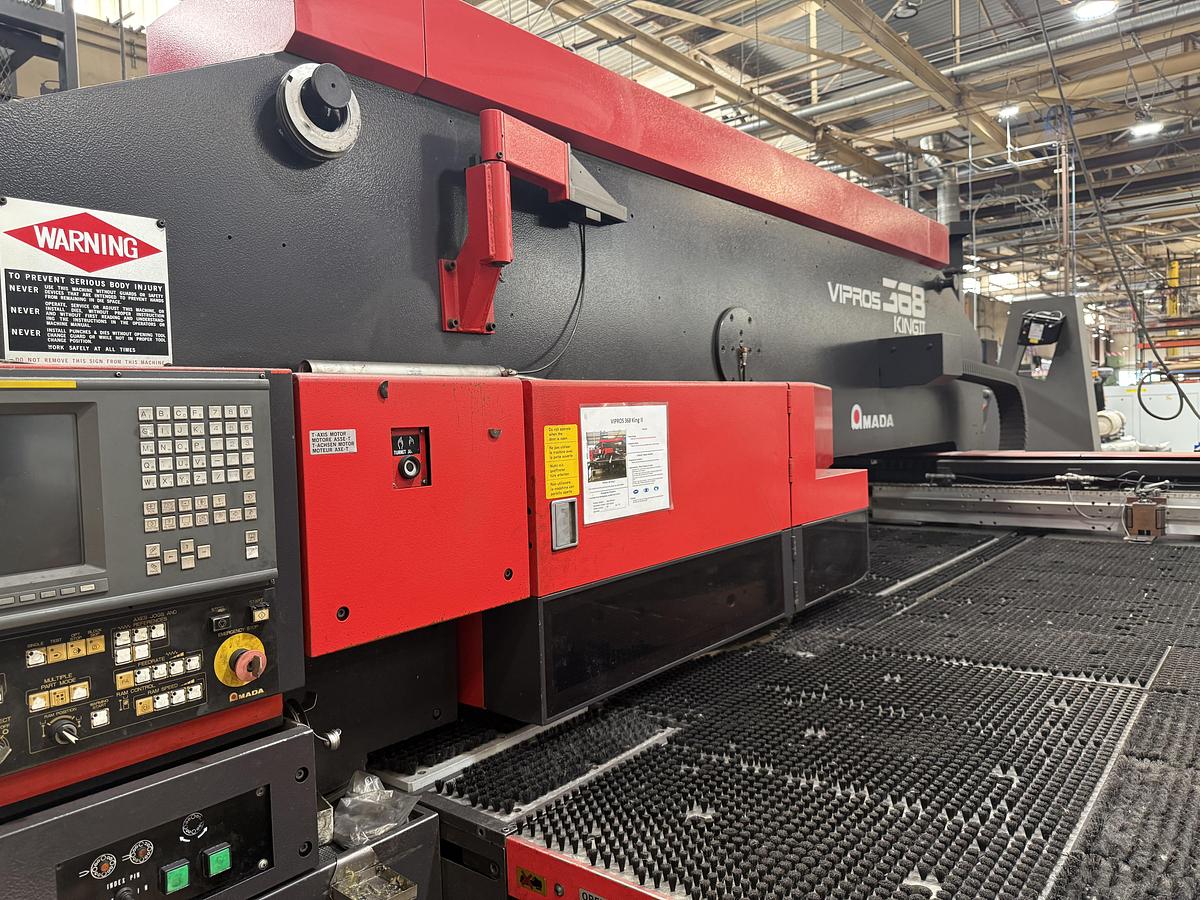 Used 2000 Amada Mdl. Vipros 358 King CNC Turret Punch Press, s/n 38840090, Fanuc Series 18-P CNC Control, 30 Tons, 58 Station Turret, w/ Amada Material Shuttle Loader, Parts Conveyor