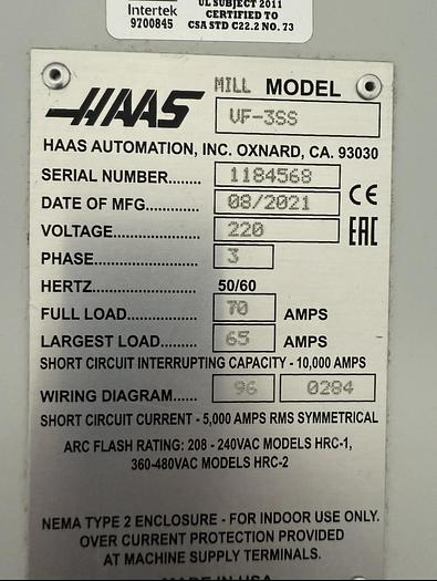 Used 2021 HAAS MDL VF3SS CNC VMC