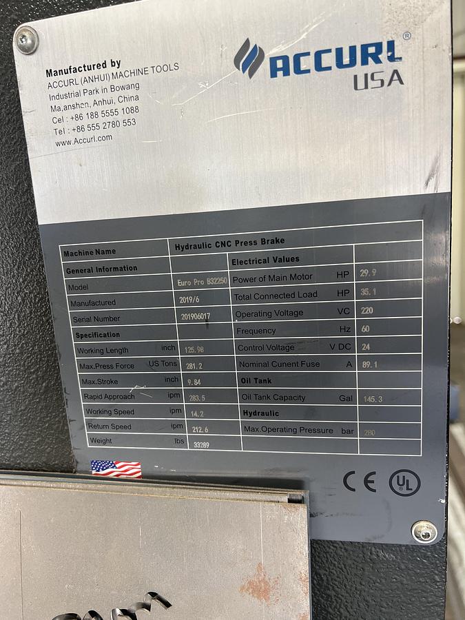 Used 2019 Accurl Euro Pro B30250 Hydraulic CNC Press Brake