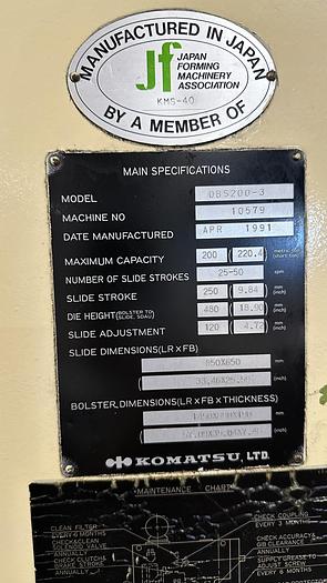 Used 1991 Komatsu Mdl OBS-200-3 200 Ton Stamping Press