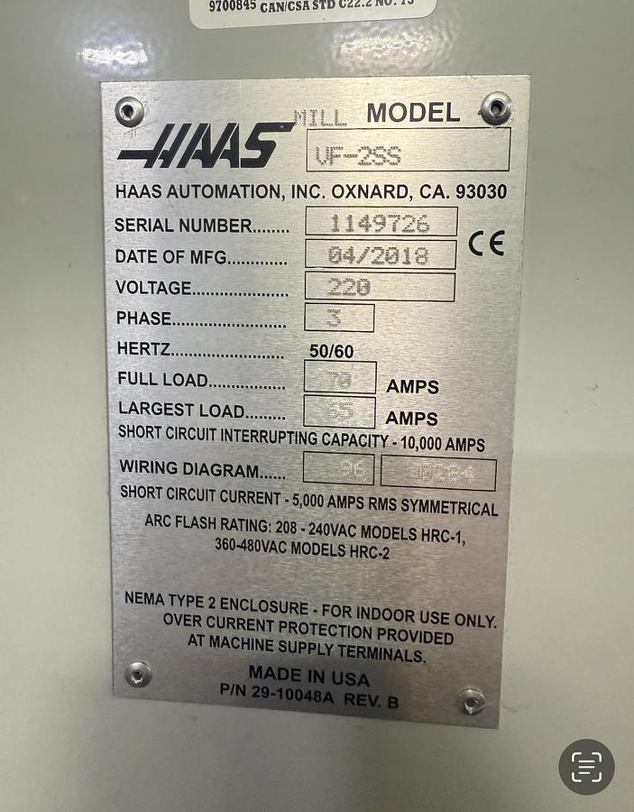 Used 2018 HAAS Mdl. VF-2SS CNC VMC