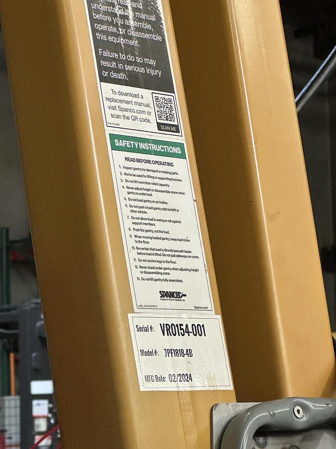 Used SPANCO GANTRY, MODEL #7PF1818 MANUAL PF SERIES GANTRY CRANE STEEL FIXED HEIGHT AND SPAN Capacity: 15000 lbs Overall Span: 18' - 0'' Clear Span: 15' - 0'' Height Under Beam: 18' - 0'' Overall Height: 19' - 6'' **(Hold)** Tread Width: ± 6' - 8'' Beam Size: S18X54.7#with cap channel Casters: 12'' Polyurethane Tread W/4 Position Swivel Locks Flange Width: 6" End of Gantry Load: 18812 lbs Load per Wheel: 9406 lbs Estimated Weight (Each): 3125 lbs Load per Wheel: 9406 lbs Coating & Painting: PAINT, SPRAY YELLOW   ELEPHANT DAM-7.5-20-3-460-60 Elephant DAM Series Electric Chain Hoist w/ Motorized Trolley Capacity: 7.5 ton metric tons (16,500 lbs.) Chain Length: 20' Pendant Length: 18' No. of Falls: 3 Lifting Speed: 7 FPM 3 Phase - 460v Only - 60Hz Lug mounted to MAS Trolley Flange Range: 5.00" ~ 7.00"" Traversing Speed: 39 FPM Includes E-Stop Pendant and Chain Container Elephant JAPAN -ASME H3 MOTOR - CORROSIVE RESISTANT LOAD CHAIN - JIS / ISO M5 - FEM 2m - IP54 HOIST PROTECTION - IP65 NEMA 4X PENDANT PROT.