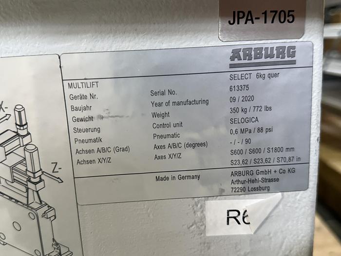 Used 2020 ARBURG MDL. MULTILIFT SELECT 6KG QUER ROBOT, S/N 6613375, AXES X/Y/Z S600/S600/S1800