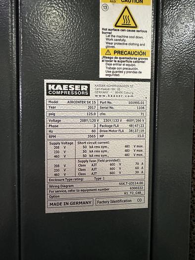 Used 2017 KAESER MDL. AIRCENTER SK15 ROTARY SCREW AIR COMPRESSOR (HOURS 15,000 to 19,000)