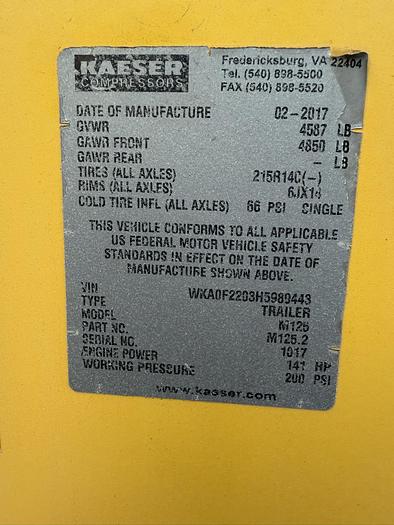Used 2017 KAESER MDL MOBILAIR M125 TOWABLE AIR COMPRESSOR- ONLY 5,400 HOURS