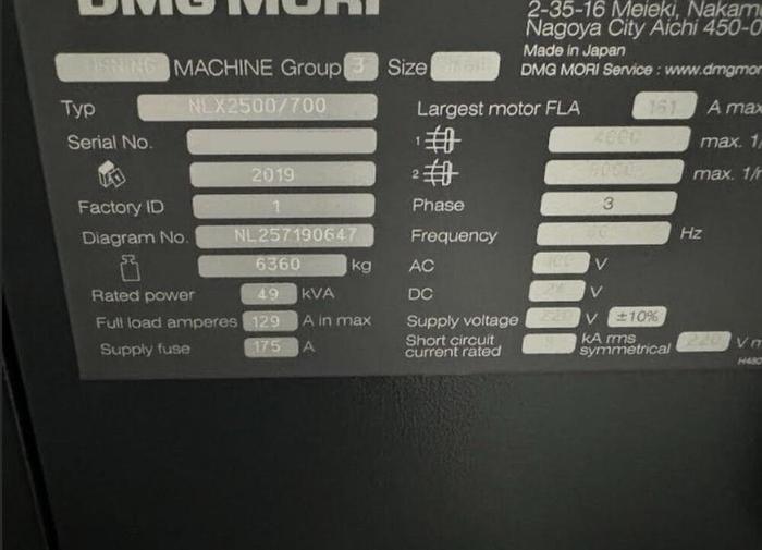 Used 2019 DMG Mori NLX-2500SY/700 CNC Machine, Live Tooling/Milling/ C-Axis