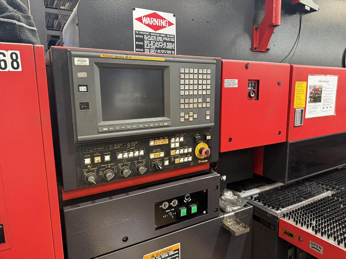 Used 2000 Amada Mdl. Vipros 358 King CNC Turret Punch Press, s/n 38840090, Fanuc Series 18-P CNC Control, 30 Tons, 58 Station Turret, w/ Amada Material Shuttle Loader, Parts Conveyor
