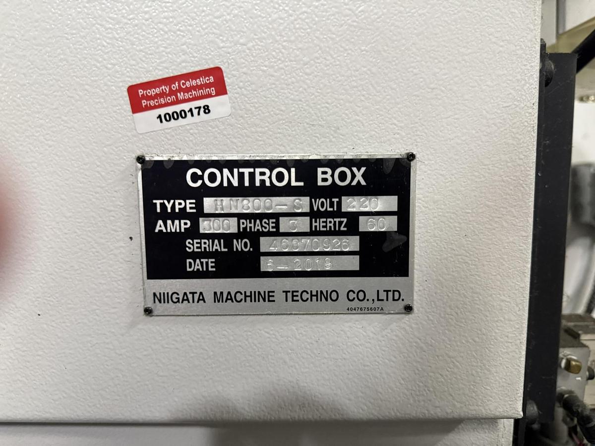 Used 2019 Niigata Mdl. HN-800-S 2-Pallet CNC Horizontal, s/n 46870923, w/ Fanuc Series 30i-Model B CNC Control, 178 ATC, 15K Cat 50 Big Plus Spindle, 4th Axis (360,0000 Position Rotary Table w/ 4 Axes Simultaneous), Coolant Thru Spindle, 215 PSI, Overhead Shower Coolant System, Outside Chip Conveyor, Y Axis Cover, Ballscrew, Counter Balance, 400 V Electrical Cabinet,  X Axis 60.2”, Y axis 48.4”, Z Axis 40.2”, Pallet Size 31.5” sq. 