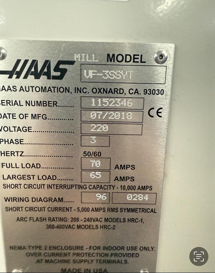 Used 2018 Haas VF-3SSYT CNC VMC