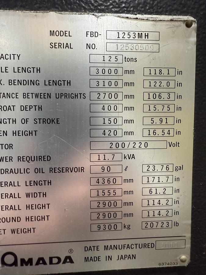 Used 2000 Amada Mdl. Astro -100 FBDIII-1253MH CNC Robotic Press Brake, s/n 12530509, 125 Ton,  118.1” Table Length, Max Bending Length 122”, Distance Between Uprights 106.3”, Length Stroke 5.91”