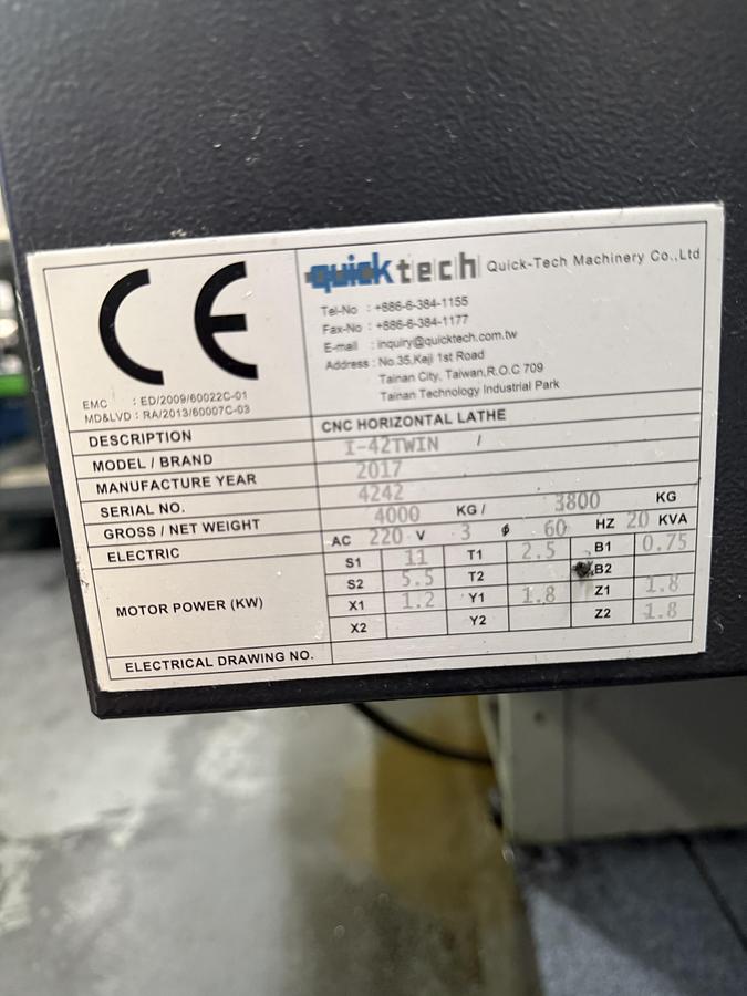 Used 2017 Quick-Tech Mdl. I-42 Twin CNC Turning Centers, s/n 4242, s/n 4243 w/ Fanuc Series Oi-TF CNC Controls, Dual Chucks, Chip Conveyors