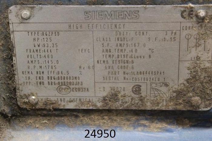 Used Siemens  Ac Motor, 125 Hp, 1785 Rpm, 460 Volts, Frame 444T, 3 Phase, 60 Hertz, 1.15 Service Factor, Type F, Code G, Design B, Tefc, 94.5% Efficiency #24950