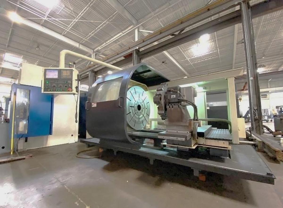 Used 2007 Hwacheon T130 CNC T-Lathe with 51.18" Swing, 35.83" Max Cut Diam., 400 RPM, 6.1" Bore, 50" Chuck, 12 Station Turret, Fanuc