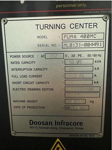 Used 2014 Doosan Puma 400MC Big Bore with Milling Capability