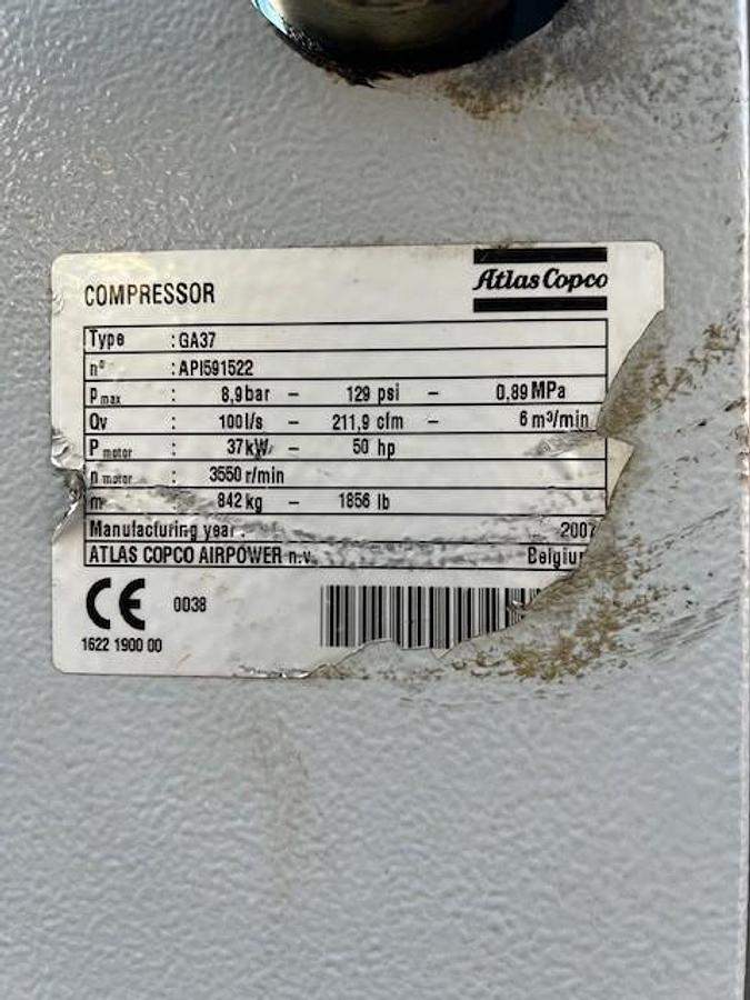 Used 2007 Atlas Copco Model GA37 FF Rotary Screw Type Air Compressor (Needs Blower Fan Motor)
