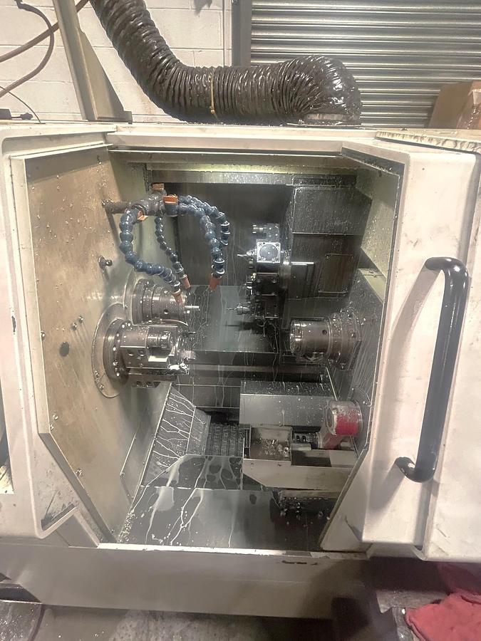 Used 2011 Miyano DNA-42 DHY, Twin Turret Design, Twin Spindles, Y Axis on Upper Turret, Milling Capability, Barfeed, Chip Conveyor