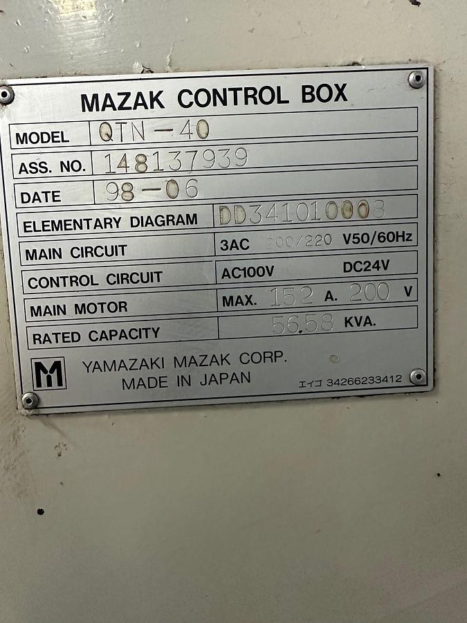 Used 1998 Mazak QT40/1500 with 60" Centers, 15" Hyd Chuck, Tailstock, Chip Conveyor, Tool Eye, 2.84" Bar Capacity